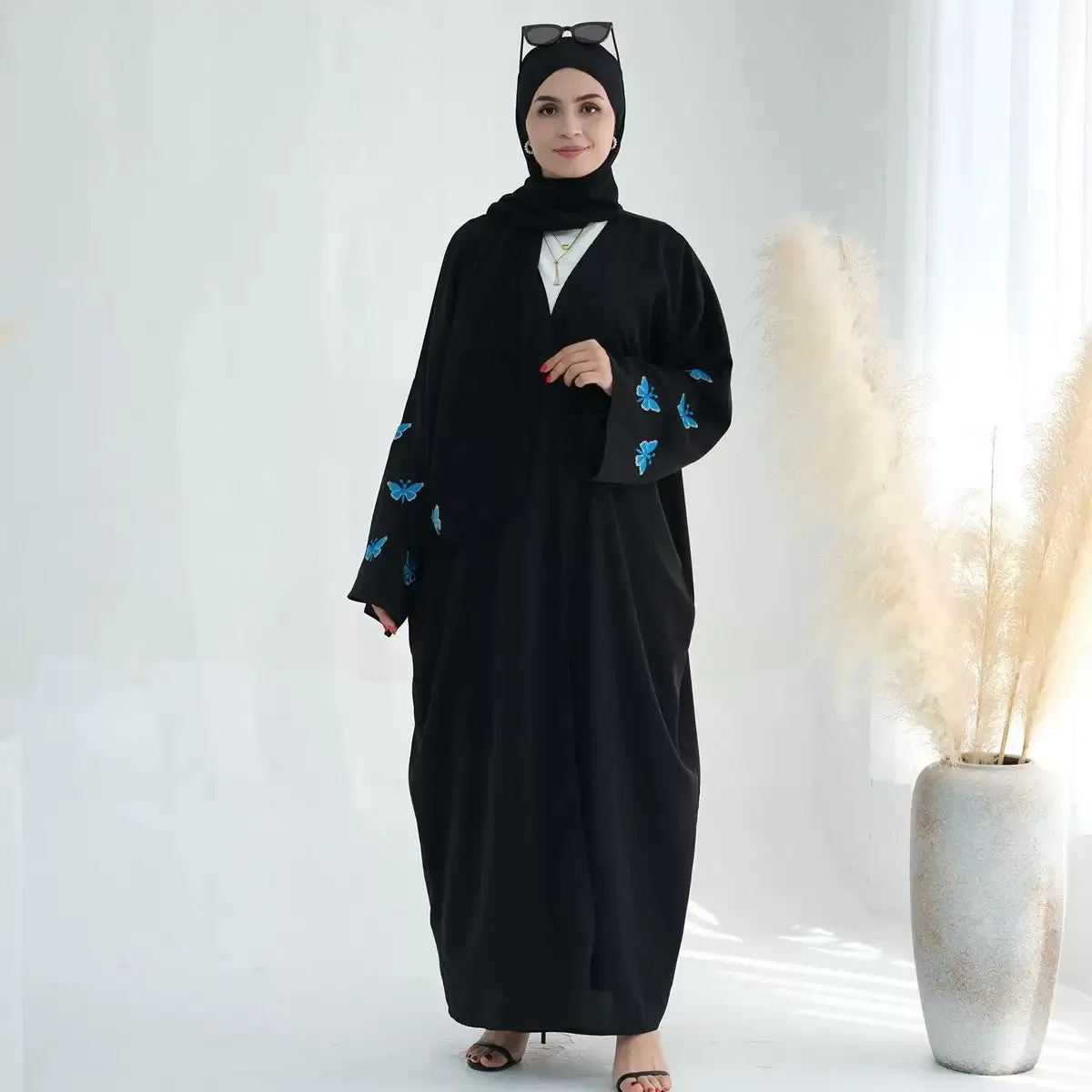 Butterfly Embroidery Cardigan Open Abaya Dress