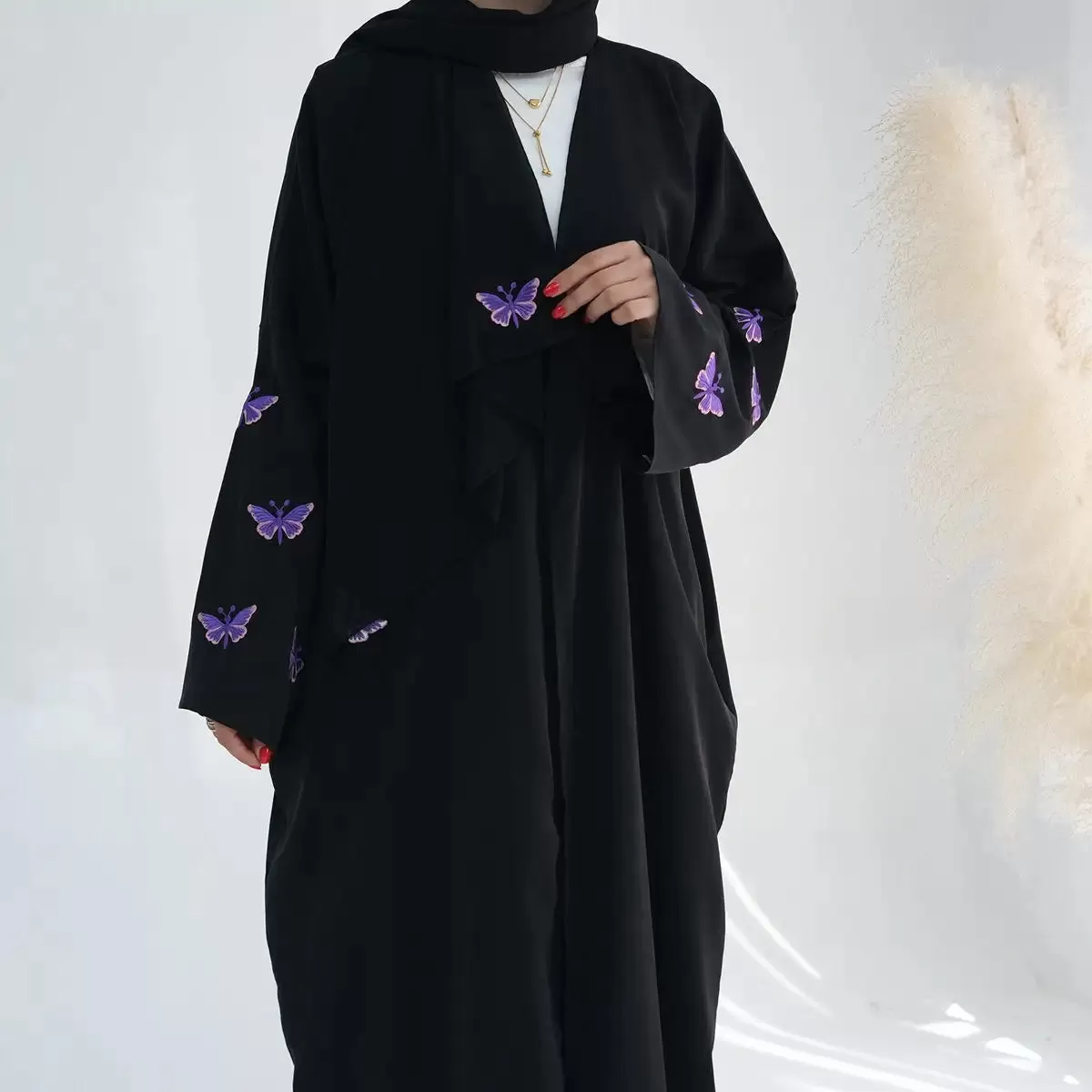 Butterfly Embroidery Cardigan Open Abaya Dress