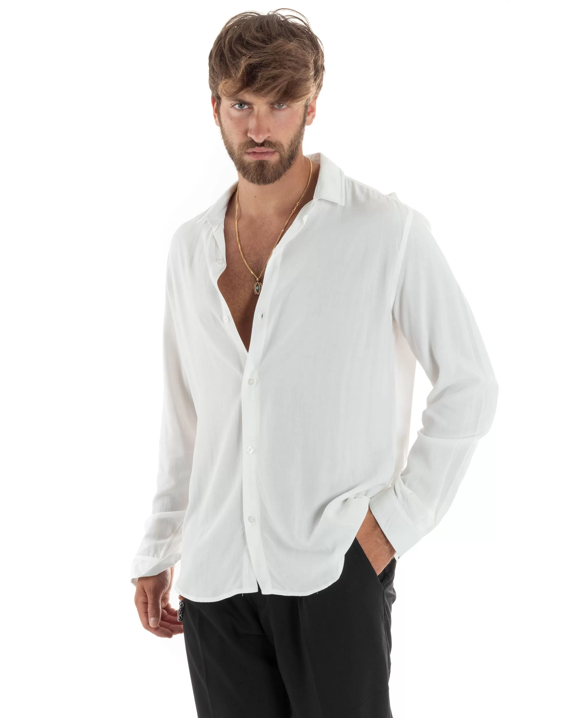 Camicia Maniche Lunghe Uomo Viscosa Basic Regular Fit Collo Camicia Classico Sartoriale Elegante Casual Bianco GIOSAL-C2875A