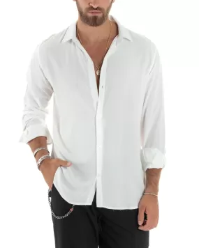 Camicia Maniche Lunghe Uomo Viscosa Basic Regular Fit Collo Camicia Classico Sartoriale Elegante Casual Bianco GIOSAL-C2875A