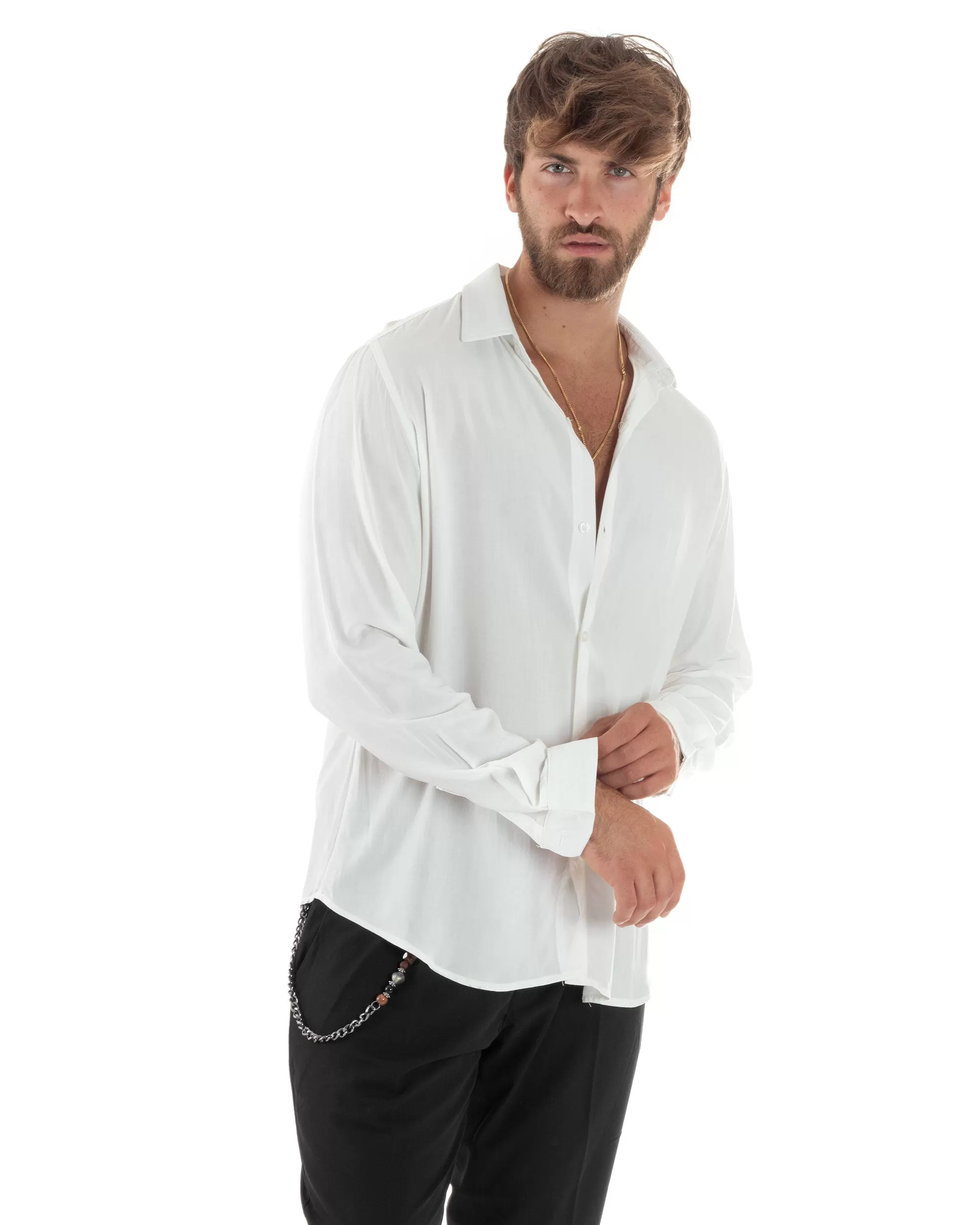 Camicia Maniche Lunghe Uomo Viscosa Basic Regular Fit Collo Camicia Classico Sartoriale Elegante Casual Bianco GIOSAL-C2875A