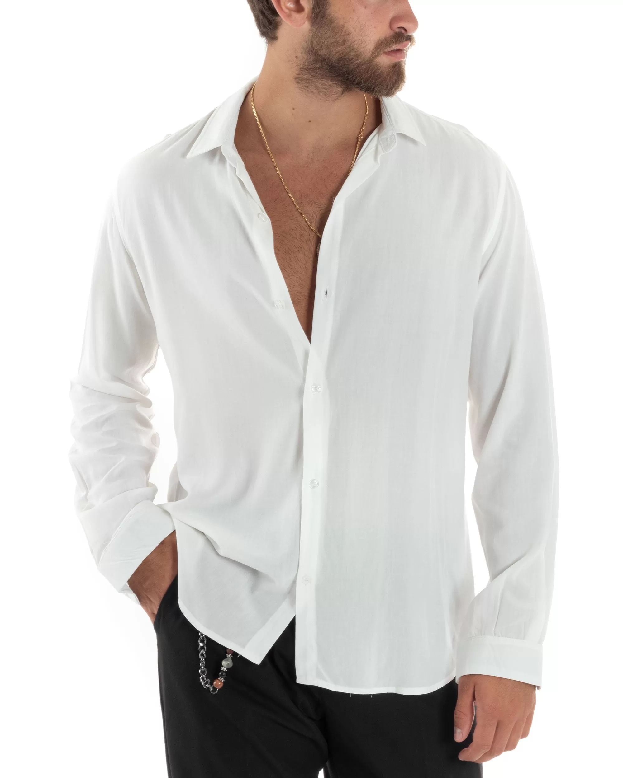 Camicia Maniche Lunghe Uomo Viscosa Basic Regular Fit Collo Camicia Classico Sartoriale Elegante Casual Bianco GIOSAL-C2875A