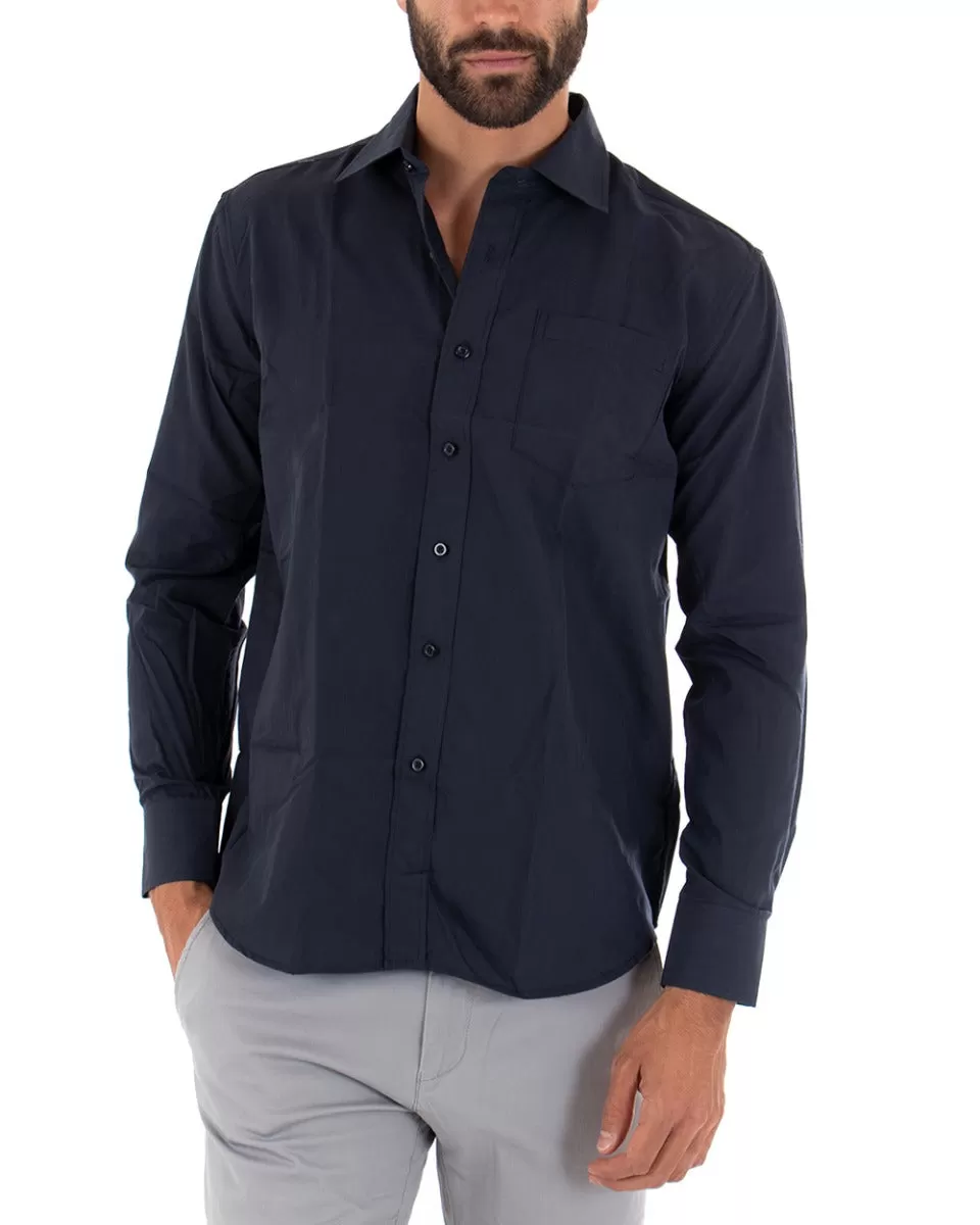 Camicia Uomo Con Colletto Manica Lunga Classica Con Taschino Basic Regular Fit Blu GIOSAL-C2050A