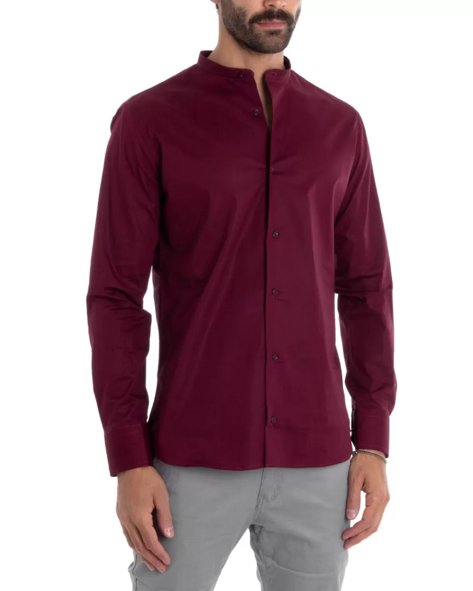 Camicia Uomo Sartoriale Collo Coreano Manica Lunga Basic Cotone Morbido Bordeaux Regular Fit GIOSAL-C2379A