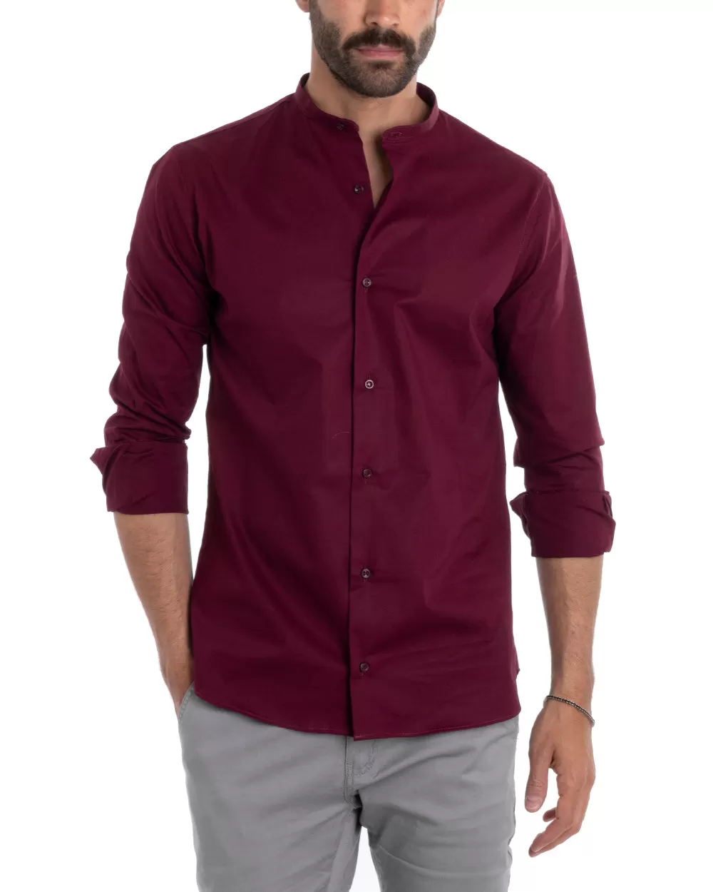 Camicia Uomo Sartoriale Collo Coreano Manica Lunga Basic Cotone Morbido Bordeaux Regular Fit GIOSAL-C2379A