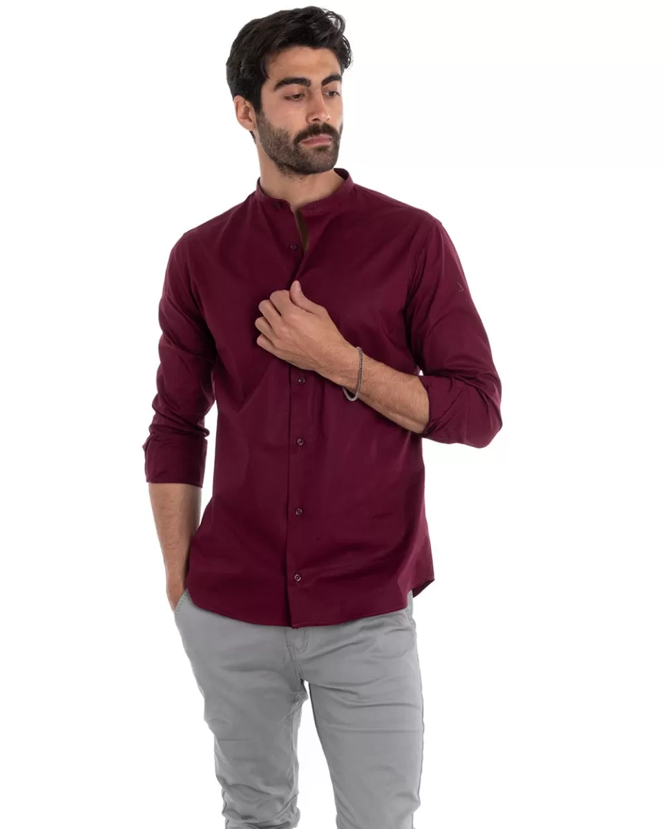 Camicia Uomo Sartoriale Collo Coreano Manica Lunga Basic Cotone Morbido Bordeaux Regular Fit GIOSAL-C2379A