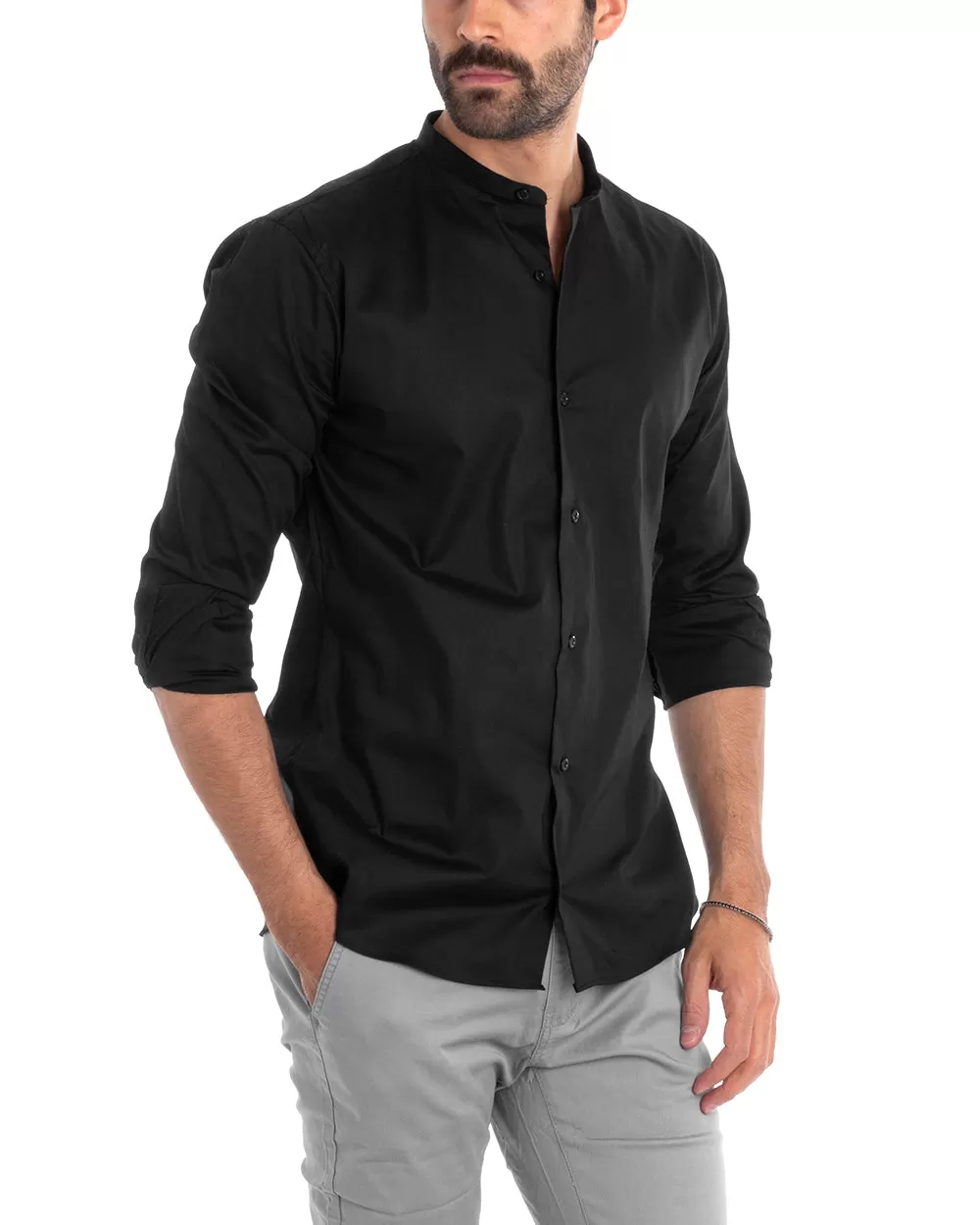 Camicia Uomo Sartoriale Collo Coreano Manica Lunga Basic Cotone Morbido Nero Regular Fit GIOSAL-C2375A