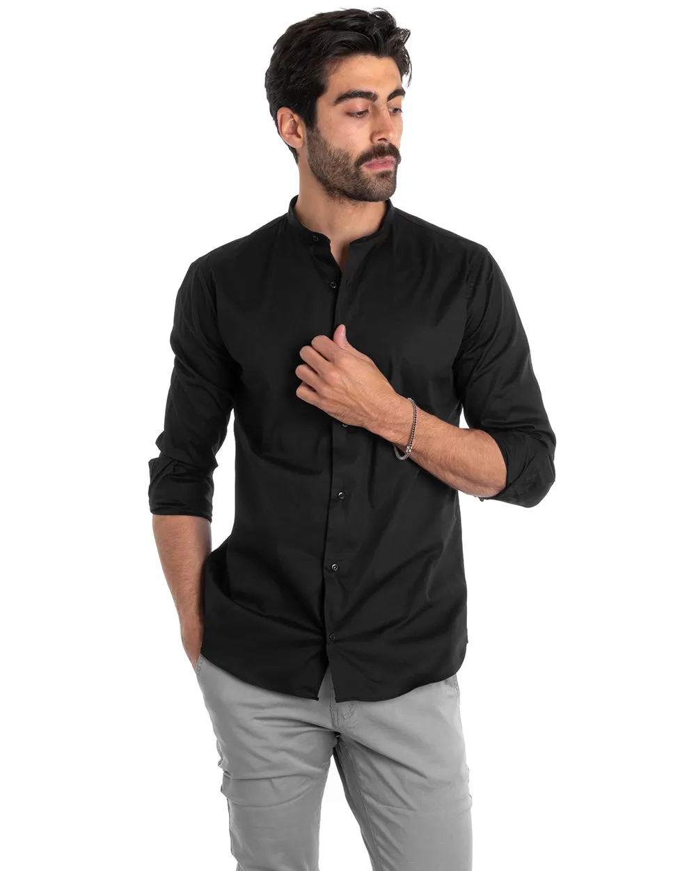 Camicia Uomo Sartoriale Collo Coreano Manica Lunga Basic Cotone Morbido Nero Regular Fit GIOSAL-C2375A