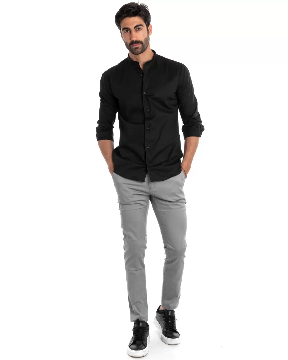 Camicia Uomo Sartoriale Collo Coreano Manica Lunga Basic Cotone Morbido Nero Regular Fit GIOSAL-C2375A