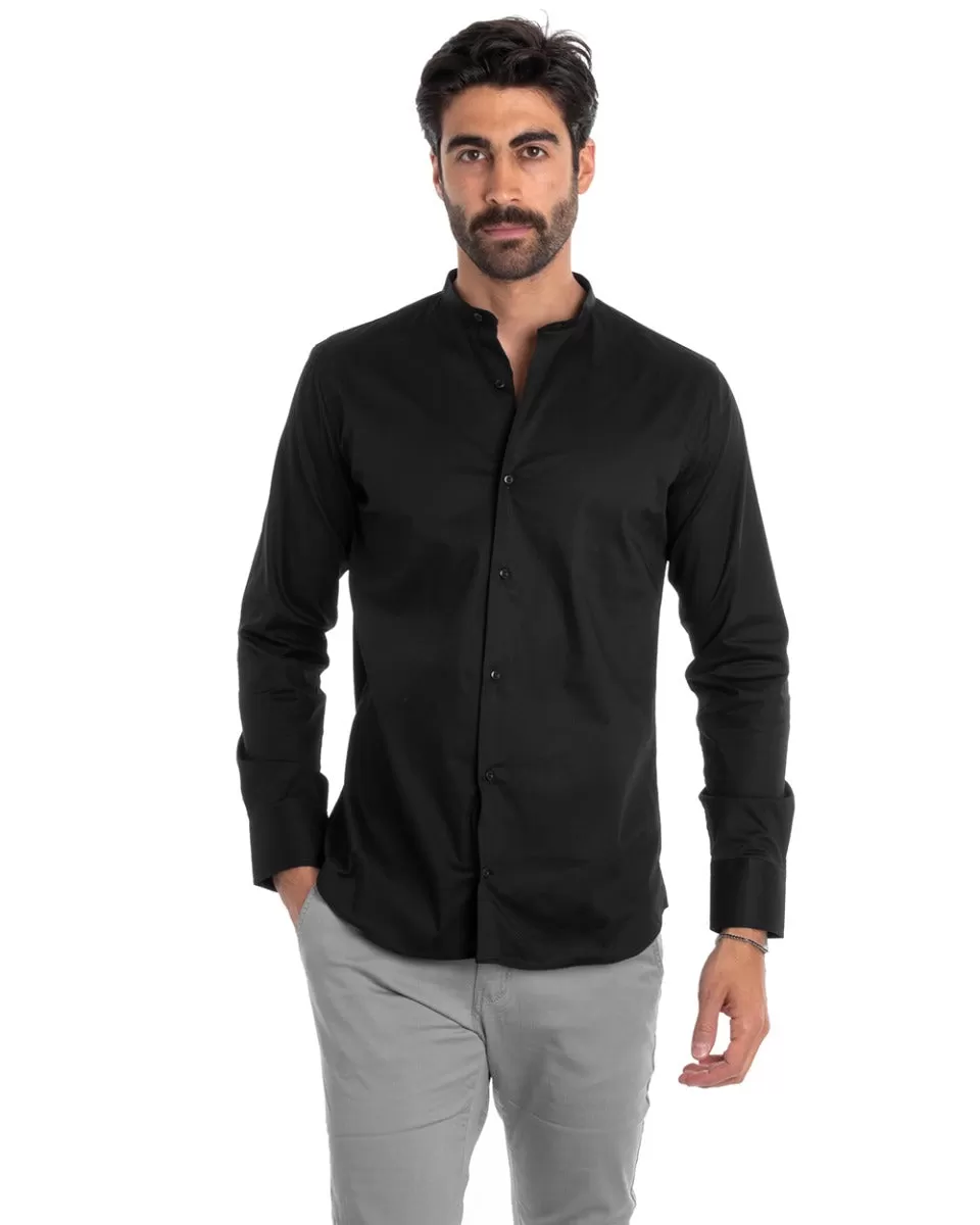 Camicia Uomo Sartoriale Collo Coreano Manica Lunga Basic Cotone Morbido Nero Regular Fit GIOSAL-C2375A