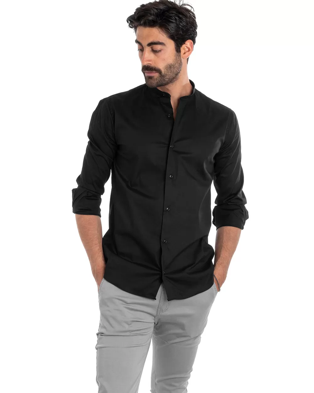 Camicia Uomo Sartoriale Collo Coreano Manica Lunga Basic Cotone Morbido Nero Regular Fit GIOSAL-C2375A