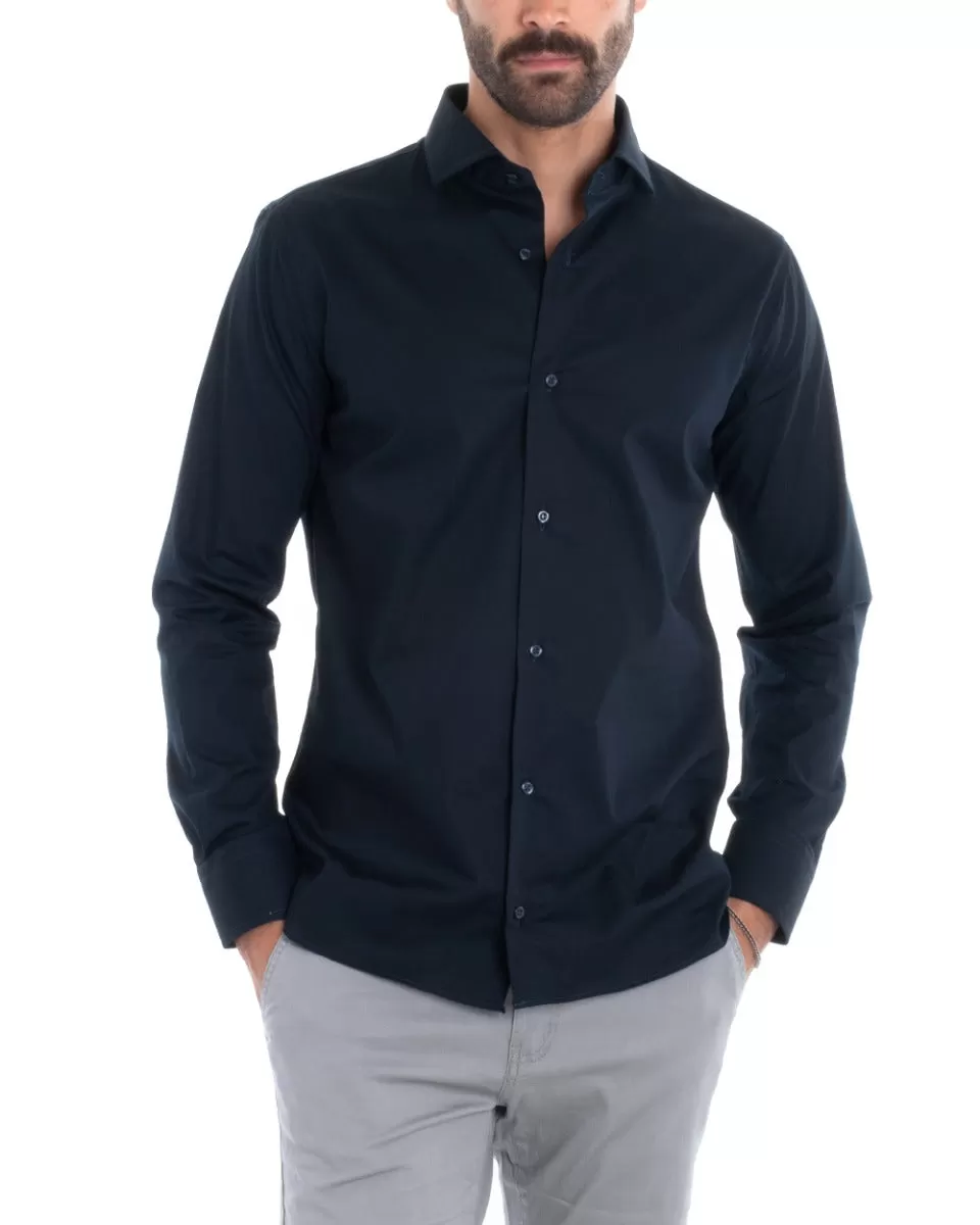 Camicia Uomo Sartoriale Con Colletto Manica Lunga Basic Cotone Morbido Blu Regular Fit GIOSAL-C2395A