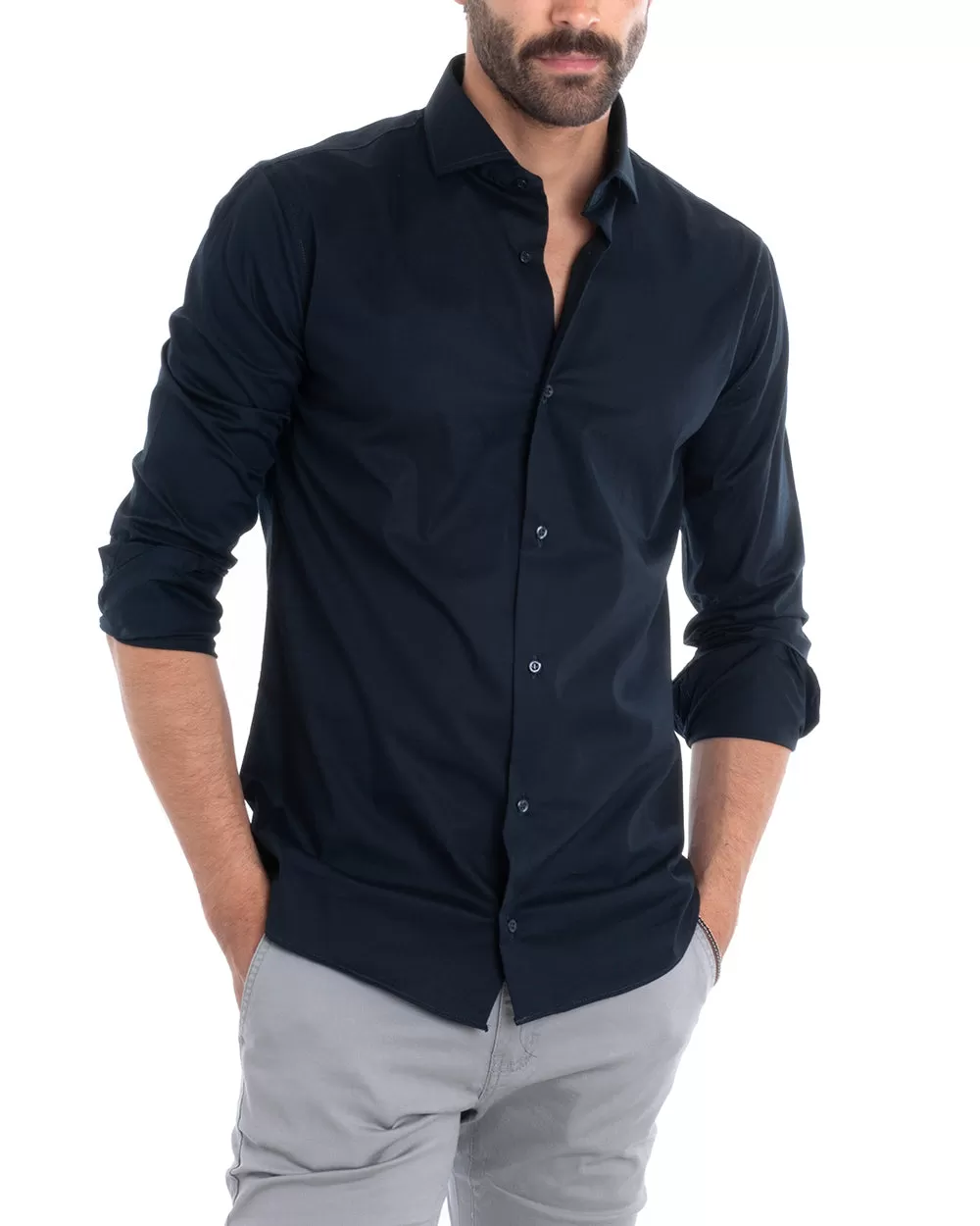 Camicia Uomo Sartoriale Con Colletto Manica Lunga Basic Cotone Morbido Blu Regular Fit GIOSAL-C2395A