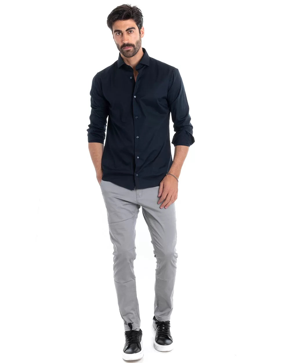 Camicia Uomo Sartoriale Con Colletto Manica Lunga Basic Cotone Morbido Blu Regular Fit GIOSAL-C2395A