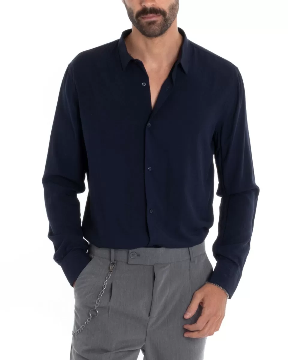 Camicia Uomo Sartoriale Con Colletto Manica Lunga Basic Viscosa Morbida Blu GIOSAL-C2361A