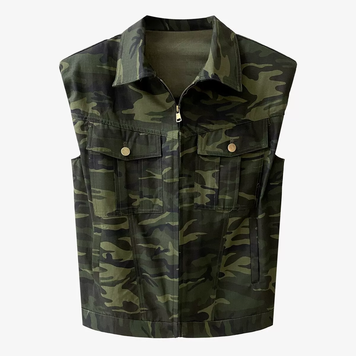 Camouflage Lapel Collar Zip Up Denim Vest for Women