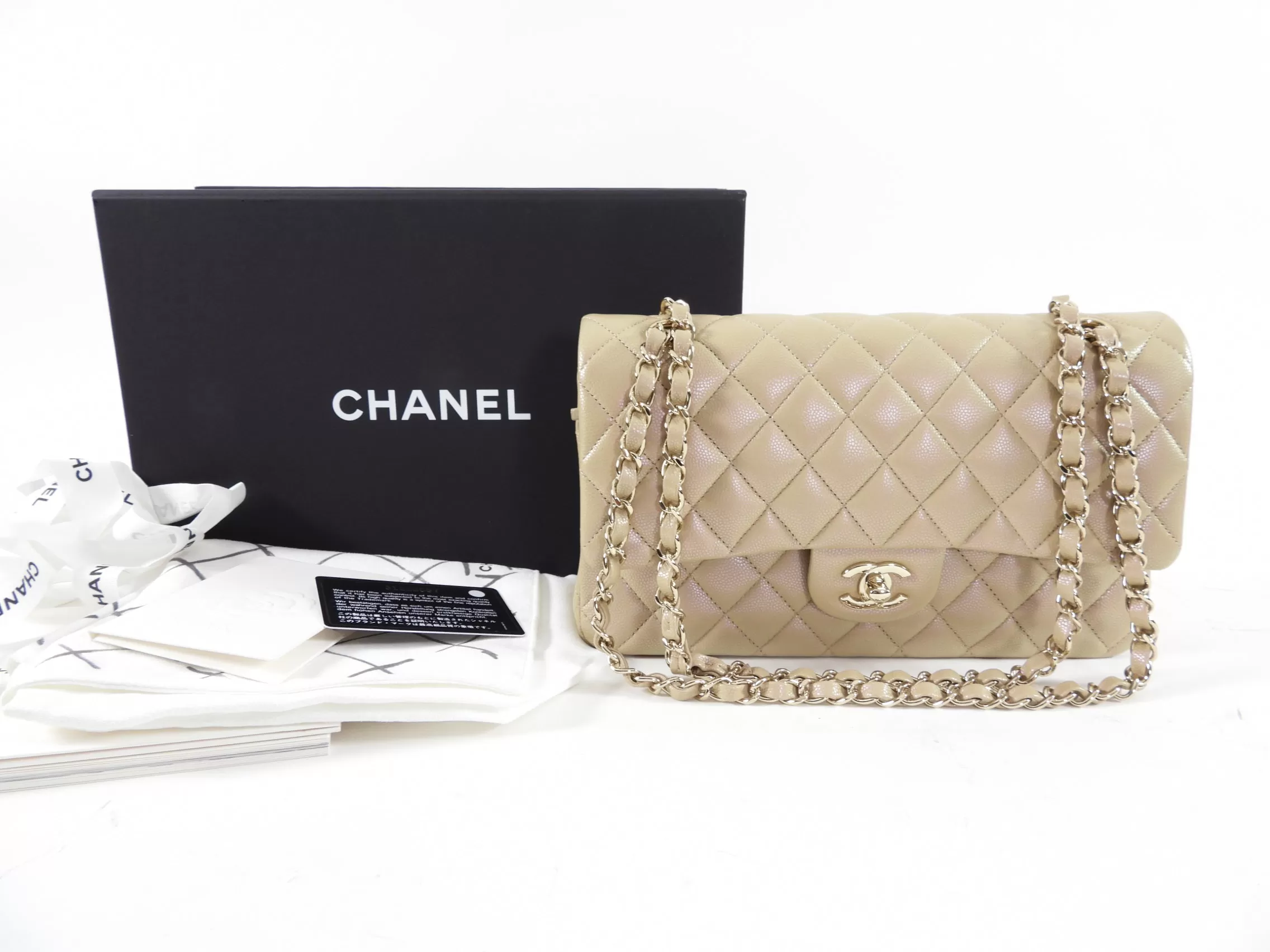 Chanel 21S Beige Iridescent Classic Medium Double Flap Caviar GHW