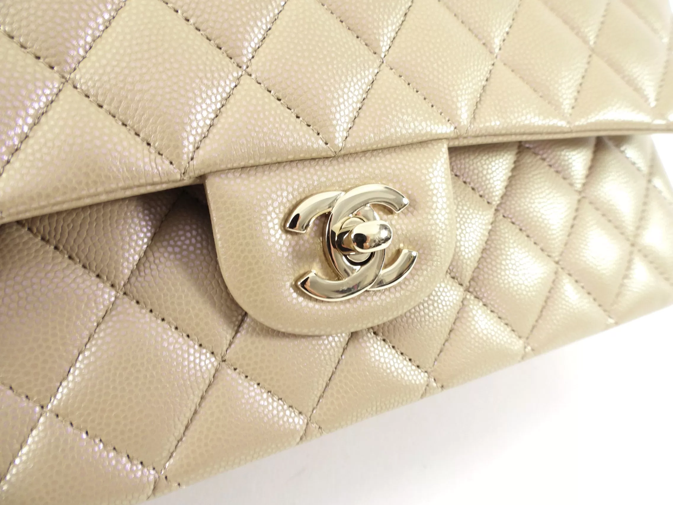 Chanel 21S Beige Iridescent Classic Medium Double Flap Caviar GHW