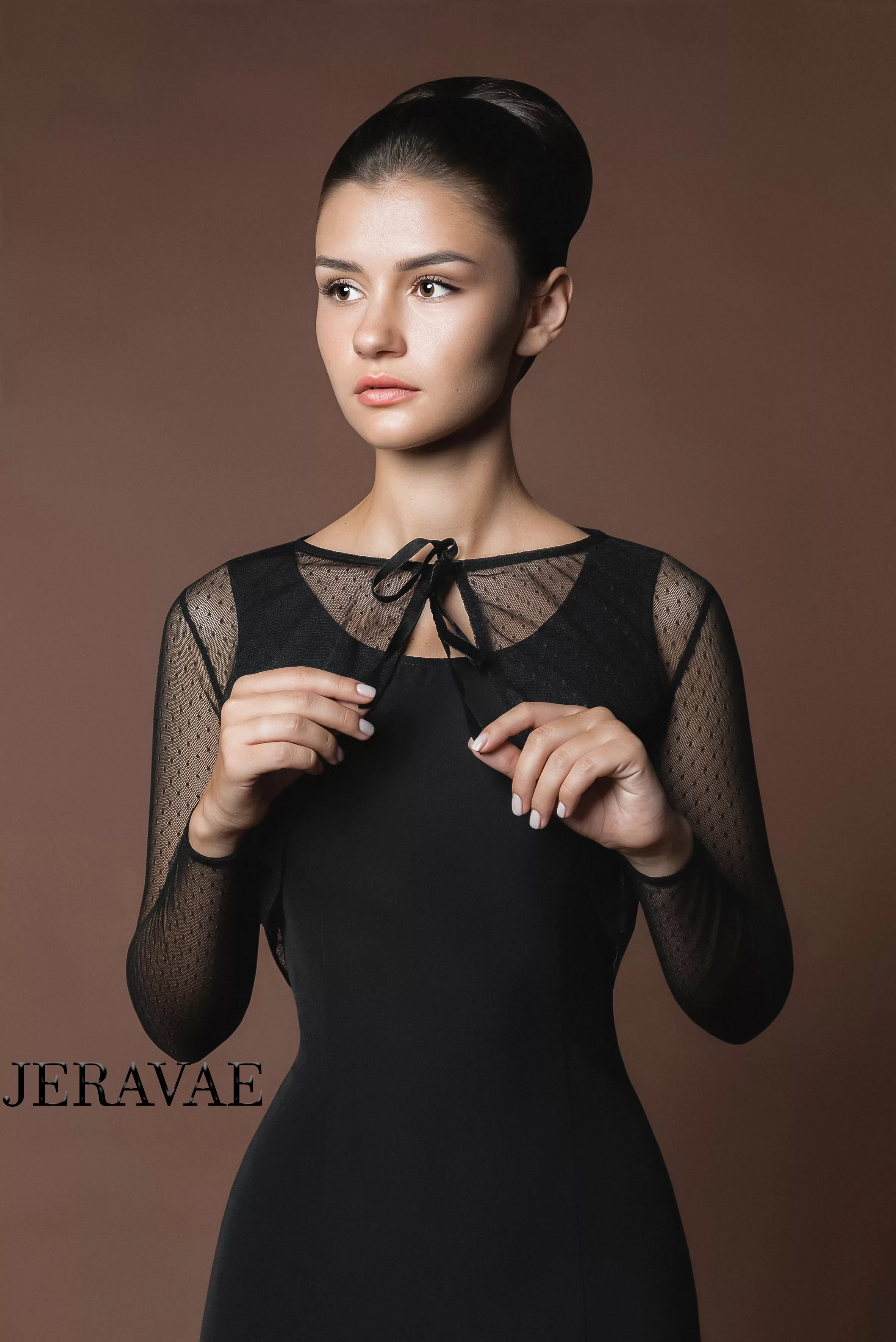 Classic Black Ballroom Practice Dress with Exposed Horsehair, Round Neckline, and Optional Bolero PRA 620 in Stock