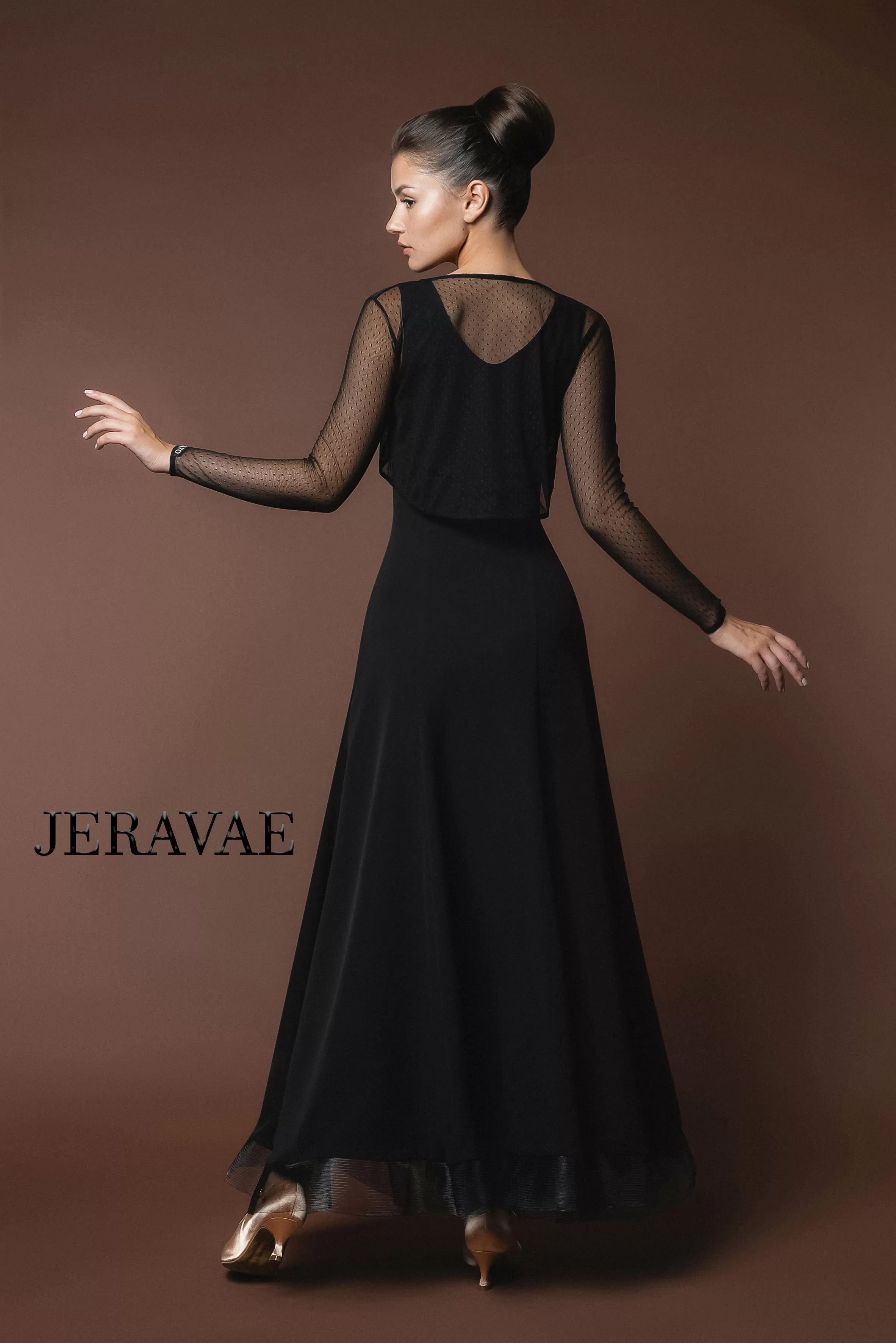 Classic Black Ballroom Practice Dress with Exposed Horsehair, Round Neckline, and Optional Bolero PRA 620 in Stock