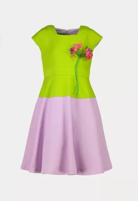 Color Block Flower Adornment Midi Dress