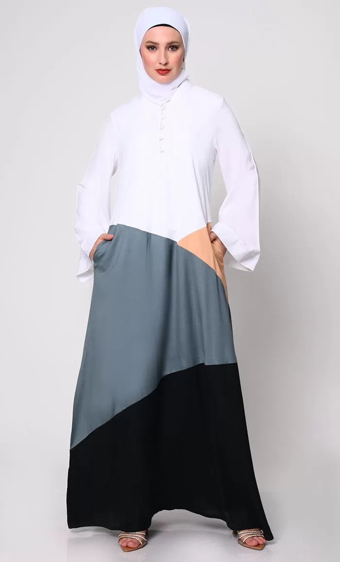 Contemporary Elegance: Abaya with  Neutral Color-Blocking Panels and Practical Pockets