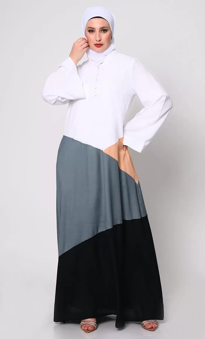 Contemporary Elegance: Abaya with  Neutral Color-Blocking Panels and Practical Pockets