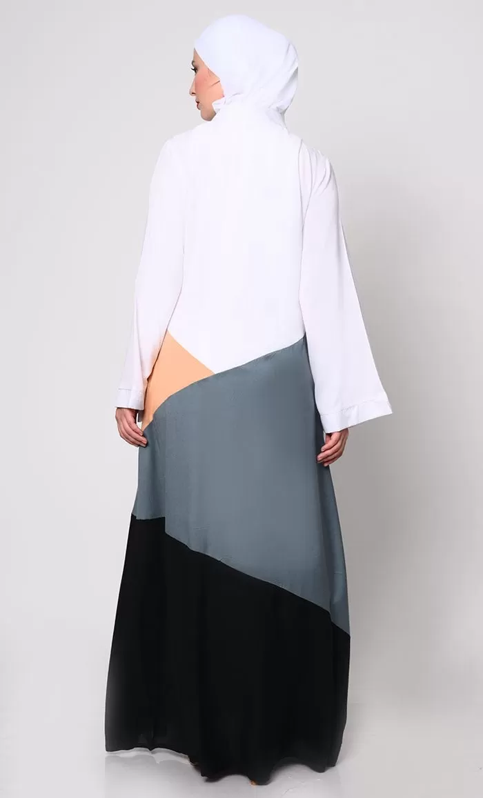 Contemporary Elegance: Abaya with  Neutral Color-Blocking Panels and Practical Pockets