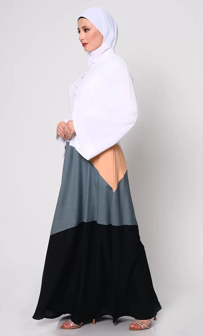 Contemporary Elegance: Abaya with  Neutral Color-Blocking Panels and Practical Pockets