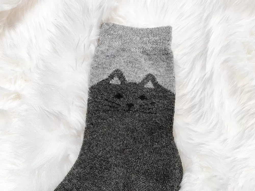 Cozy and Warm | Wool Socks | Grey Cat