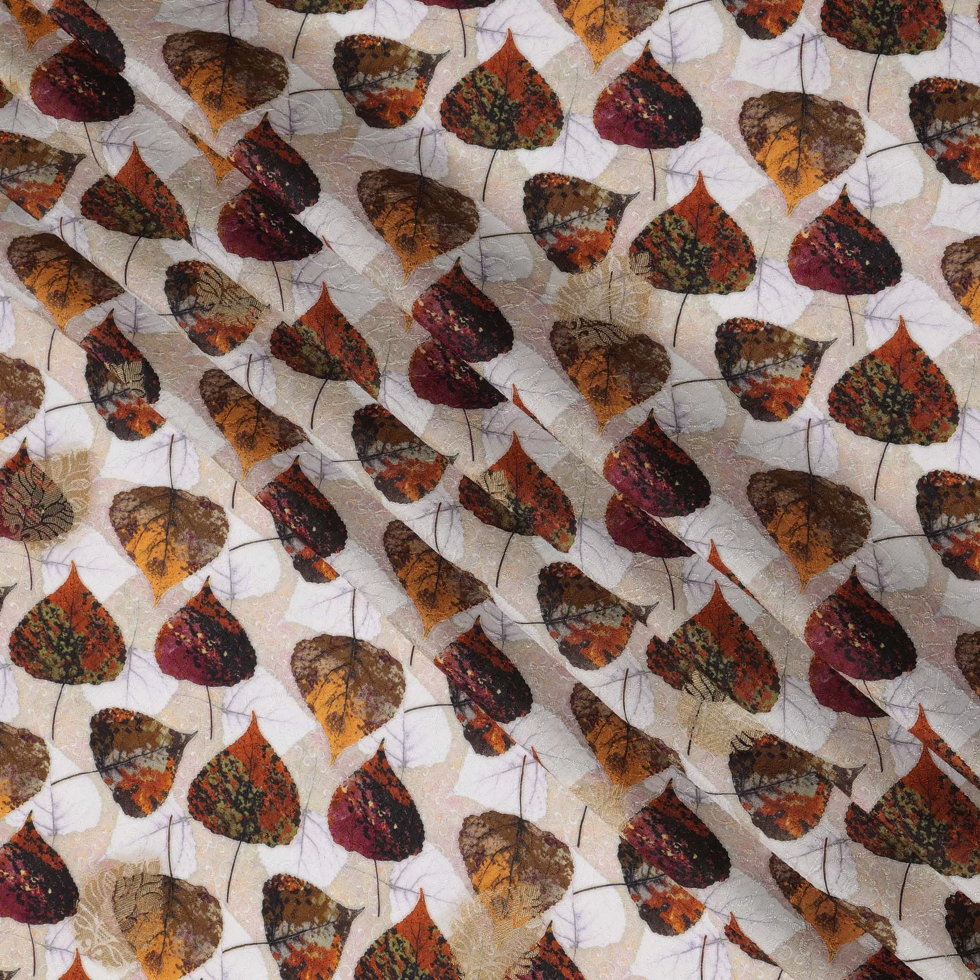 Cream Autumn Leaf Viscose Crepe Digital Print Fabric, 110 cm Wide, Made in India-D20979