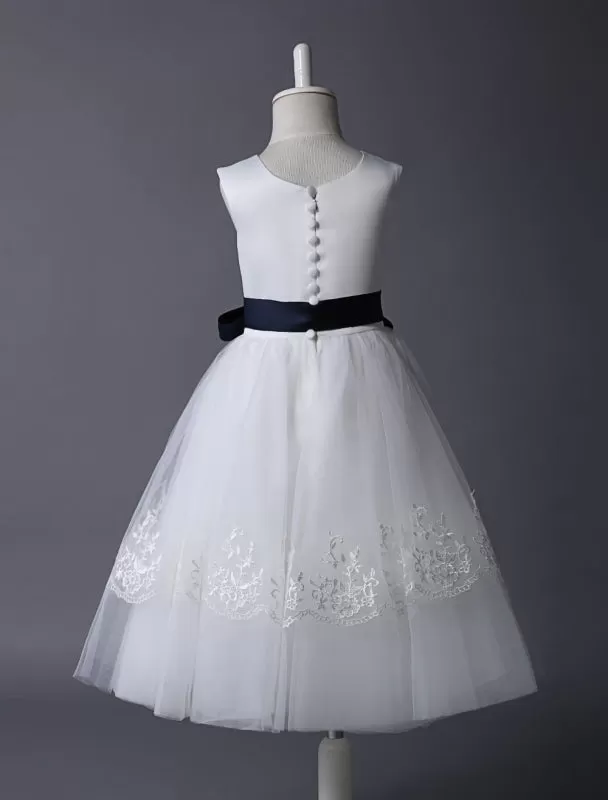 Cute Ivory Tulle Flower Girl Dress With Lace Appliques with Navy Blue Sash