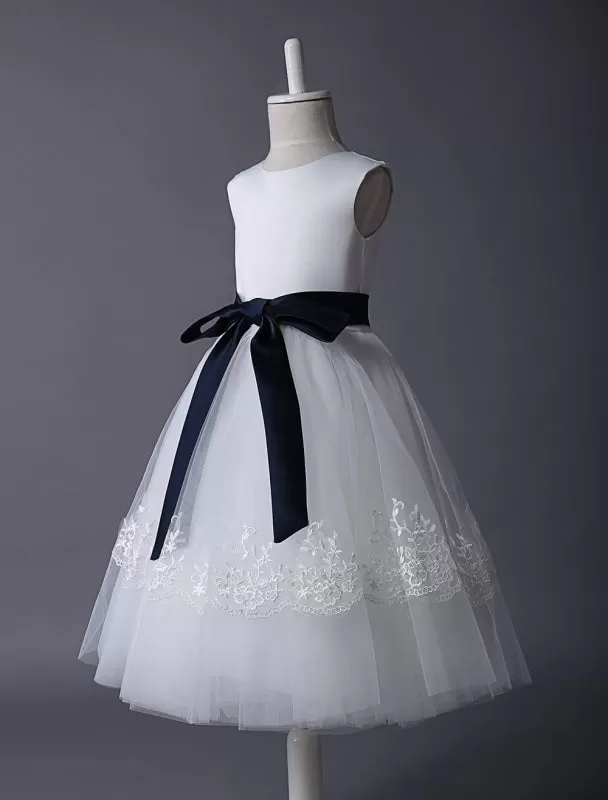 Cute Ivory Tulle Flower Girl Dress With Lace Appliques with Navy Blue Sash