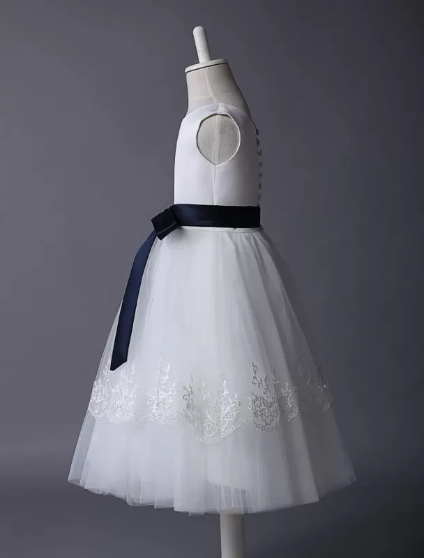 Cute Ivory Tulle Flower Girl Dress With Lace Appliques with Navy Blue Sash