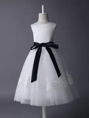 Cute Ivory Tulle Flower Girl Dress With Lace Appliques with Navy Blue Sash