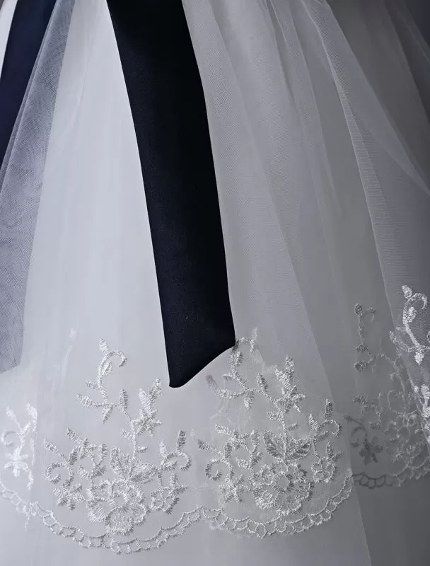 Cute Ivory Tulle Flower Girl Dress With Lace Appliques with Navy Blue Sash