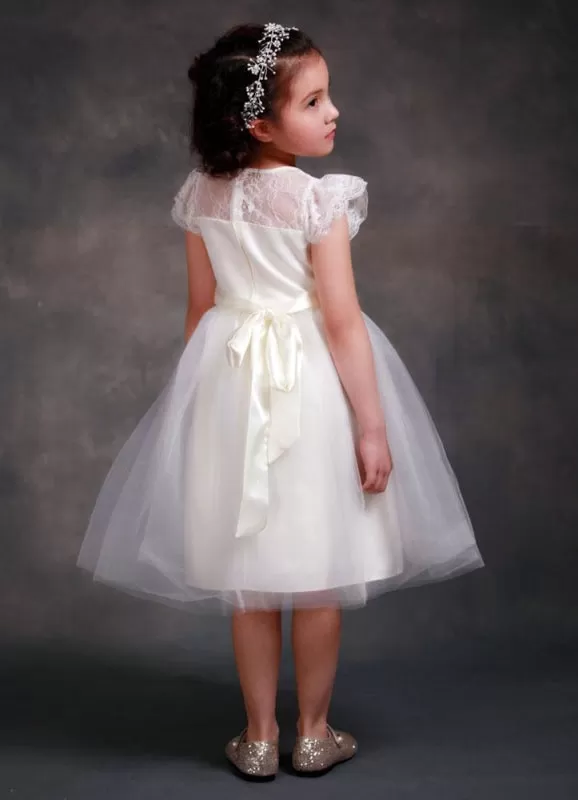 Cute Satin Girl'S Princess Formal Dress Short Sleeves Ball Gown Illusion Neck