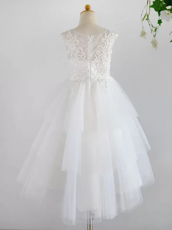 Cute White Tulle Lace Appliques Flower Girl Dresses Jewel Neck Sleeveless Pearls Kids Dresses