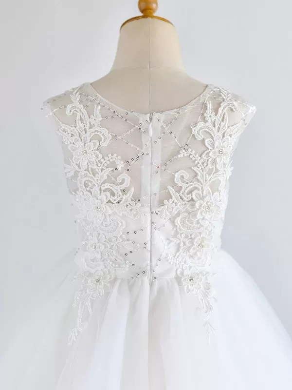 Cute White Tulle Lace Appliques Flower Girl Dresses Jewel Neck Sleeveless Pearls Kids Dresses