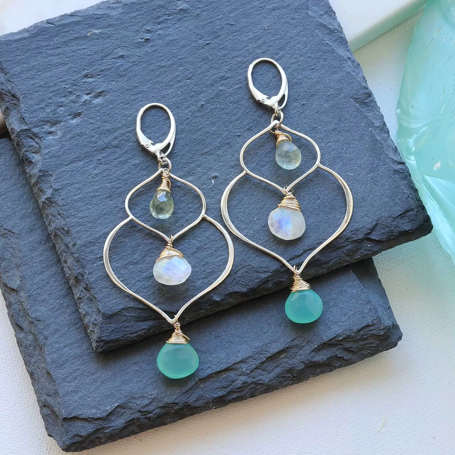 Dharma-Double - Lotus Petal Chandelier Earrings with Seafoam Chalcedony