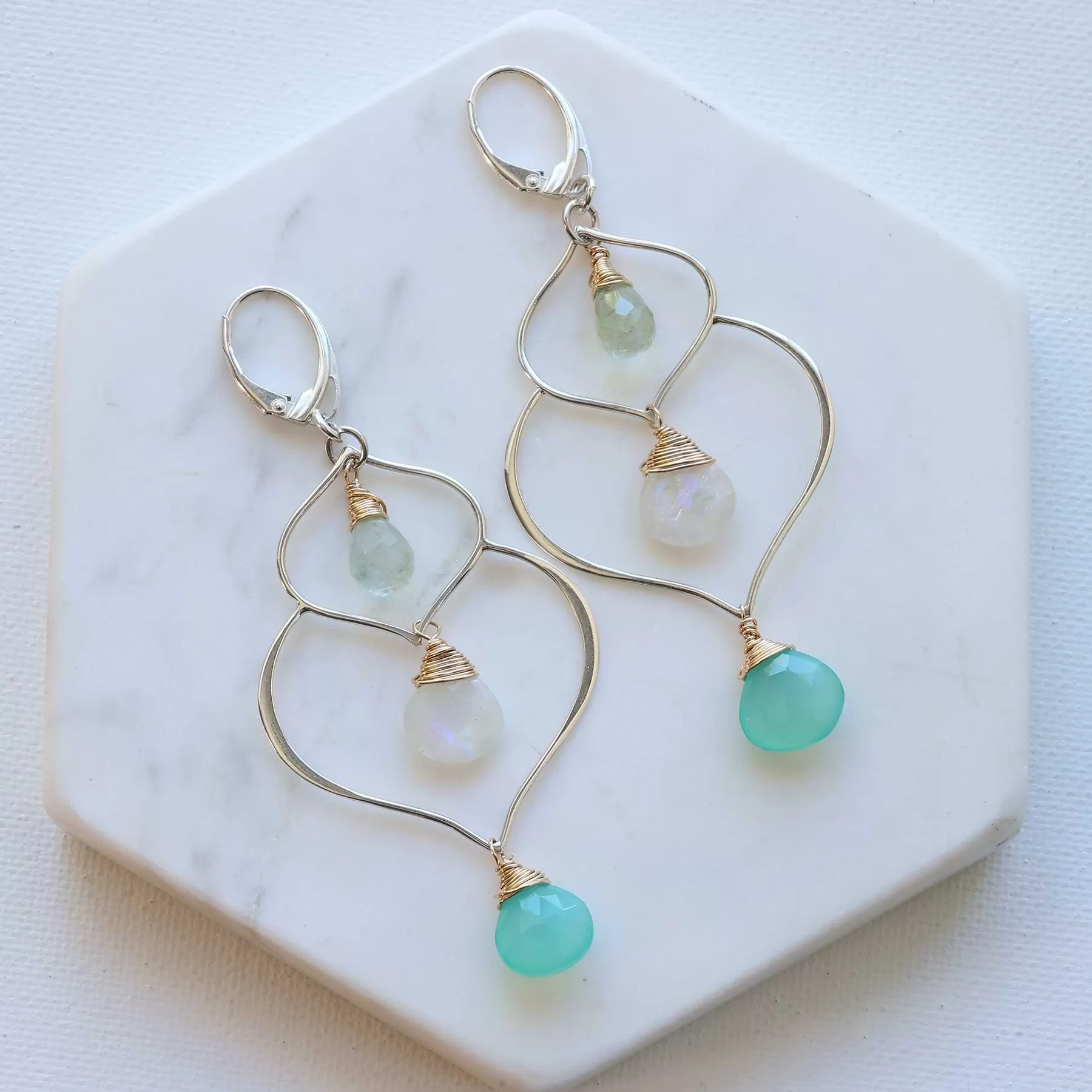 Dharma-Double - Lotus Petal Chandelier Earrings with Seafoam Chalcedony