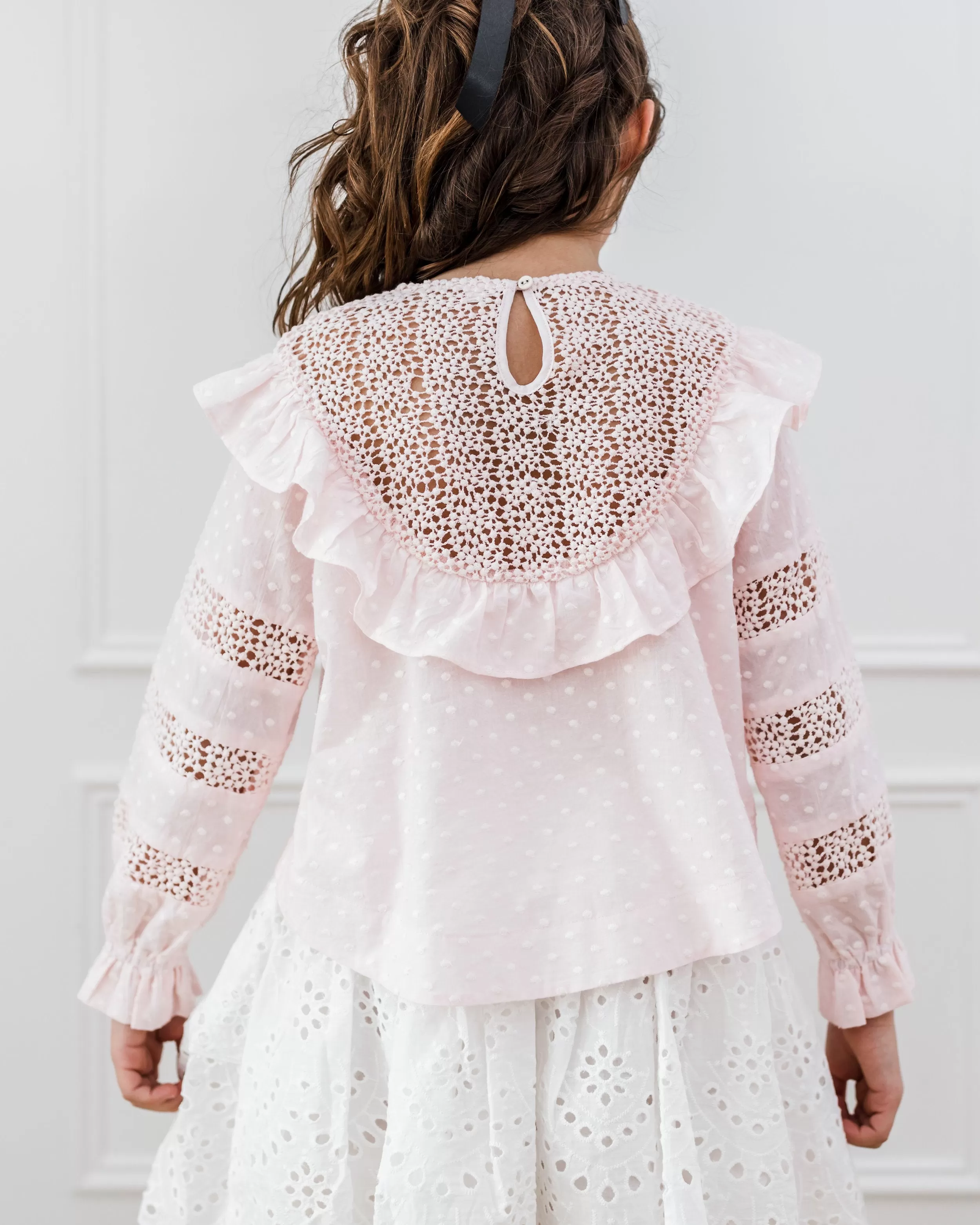 Embroidered Dot Lace Yoke Blouse Bridal Blush