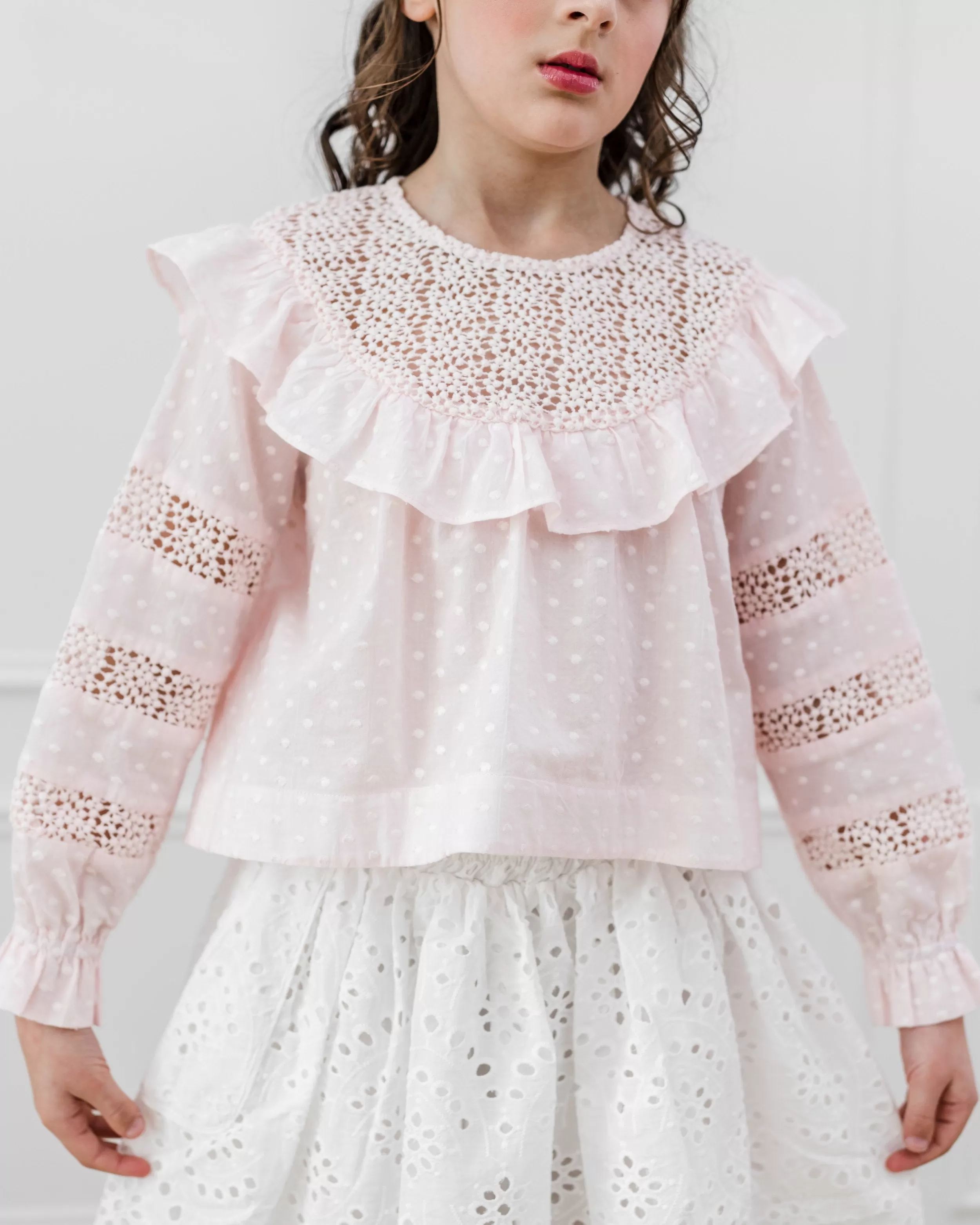 Embroidered Dot Lace Yoke Blouse Bridal Blush