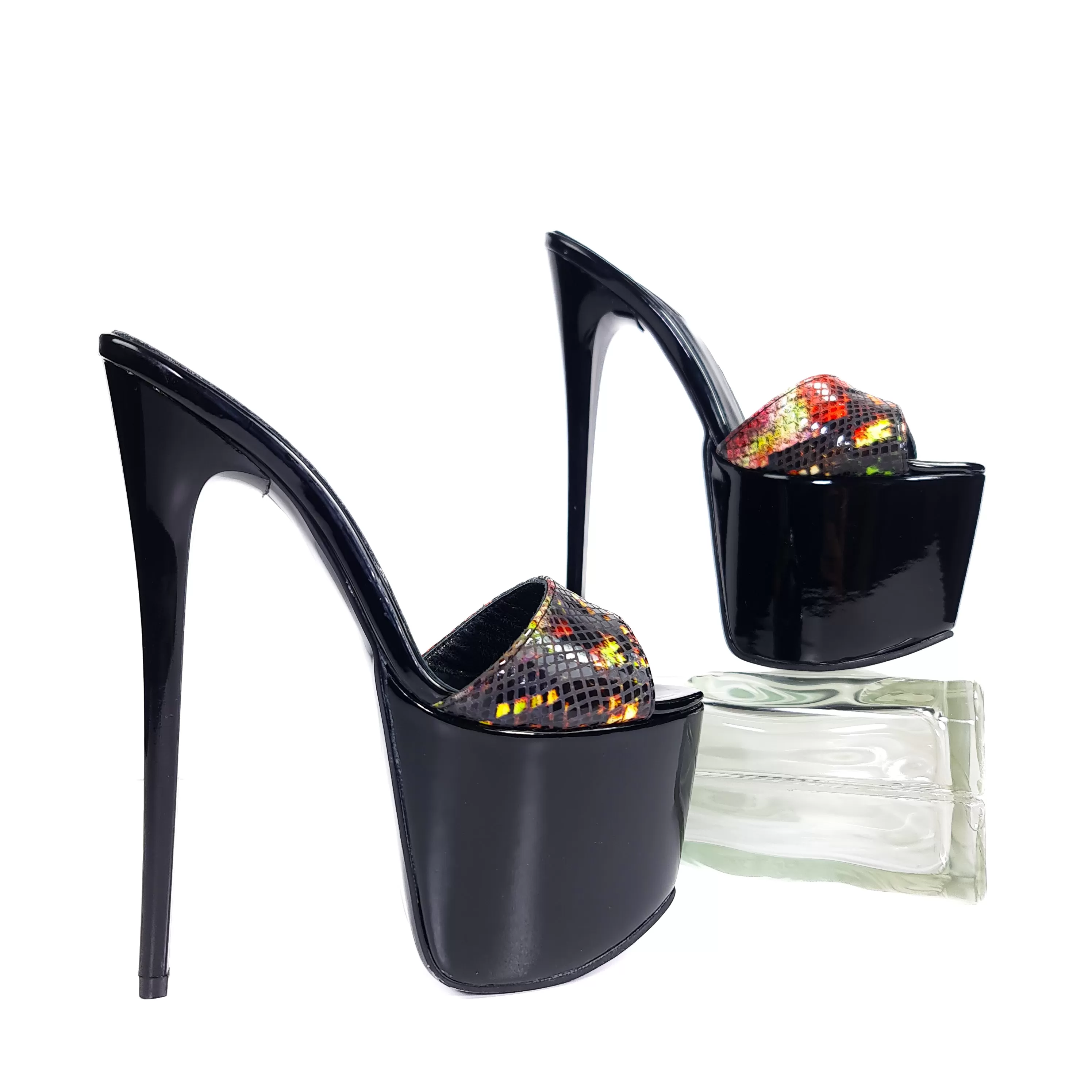 Fire Black Gloss Exotic Print Leather High Heel Mules