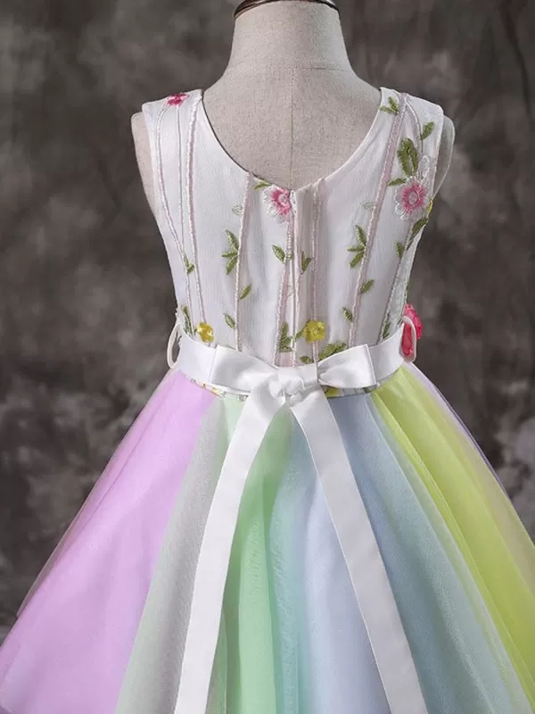 Flower Girl Dresses Tulle Sleeveless Knee Length Iridescent Flora Sash Princess Silhouette Embroidered Kids Social Party Dresses