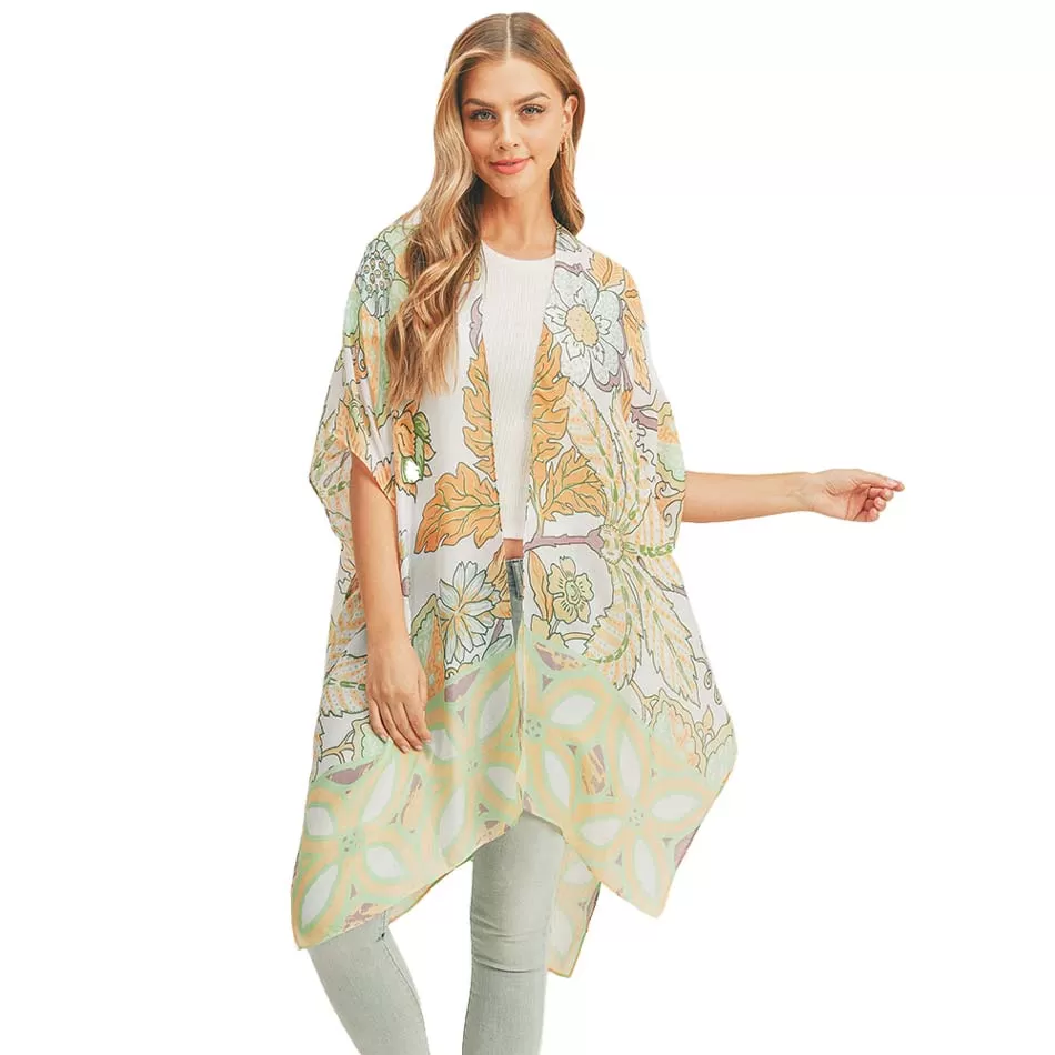 Flower Leaf Print Cover Up Kimono Poncho