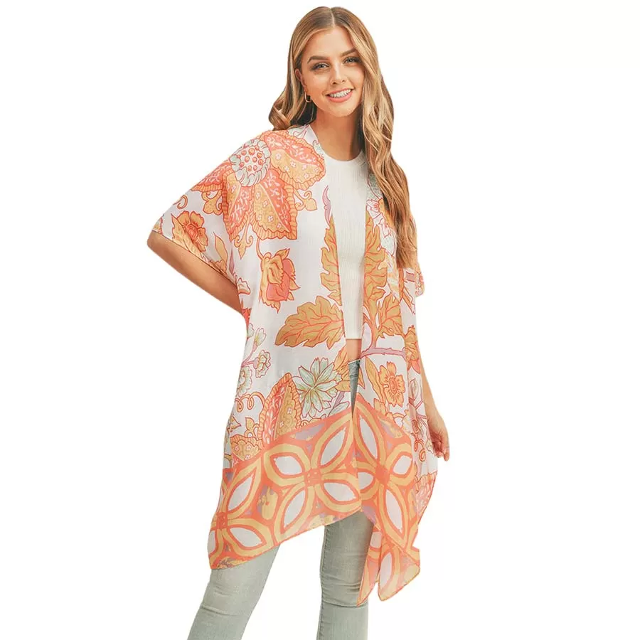 Flower Leaf Print Cover Up Kimono Poncho