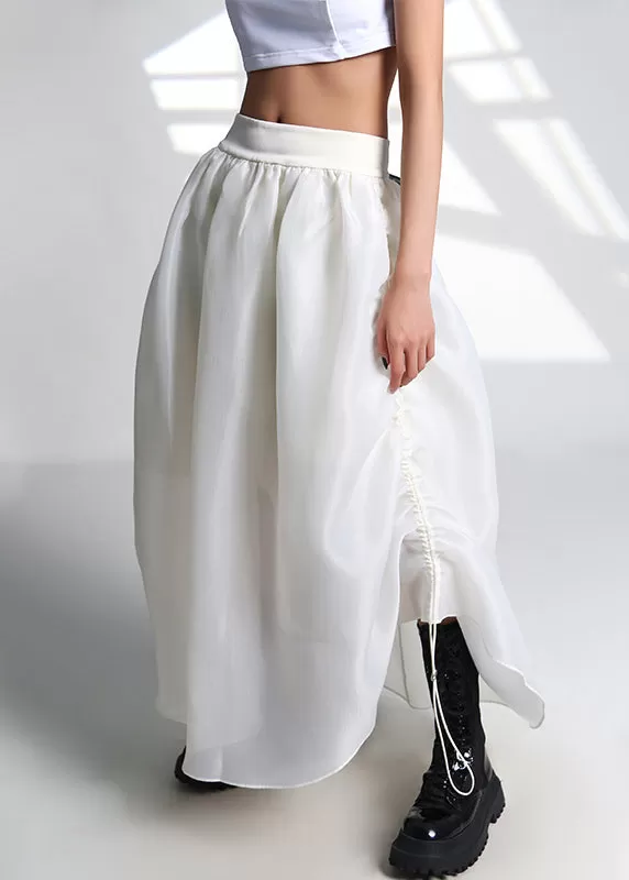 French White Drawstring High Waist Tulle Skirt Summer AS1053