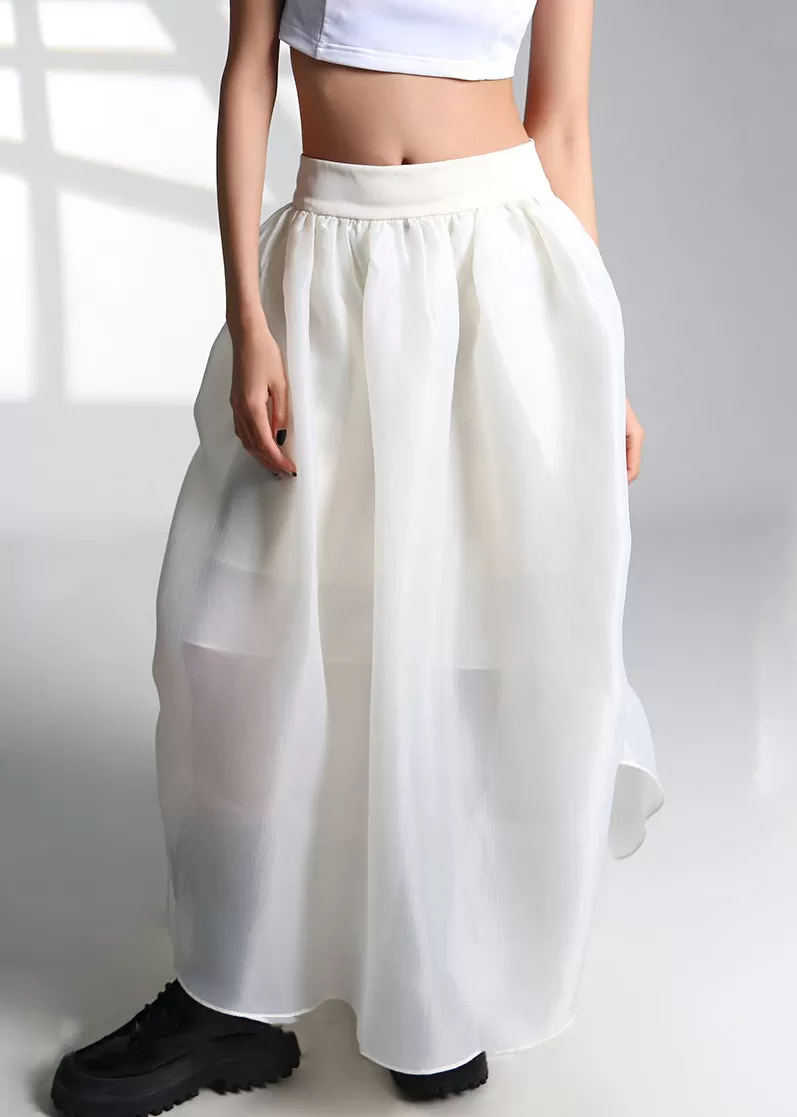 French White Drawstring High Waist Tulle Skirt Summer AS1053