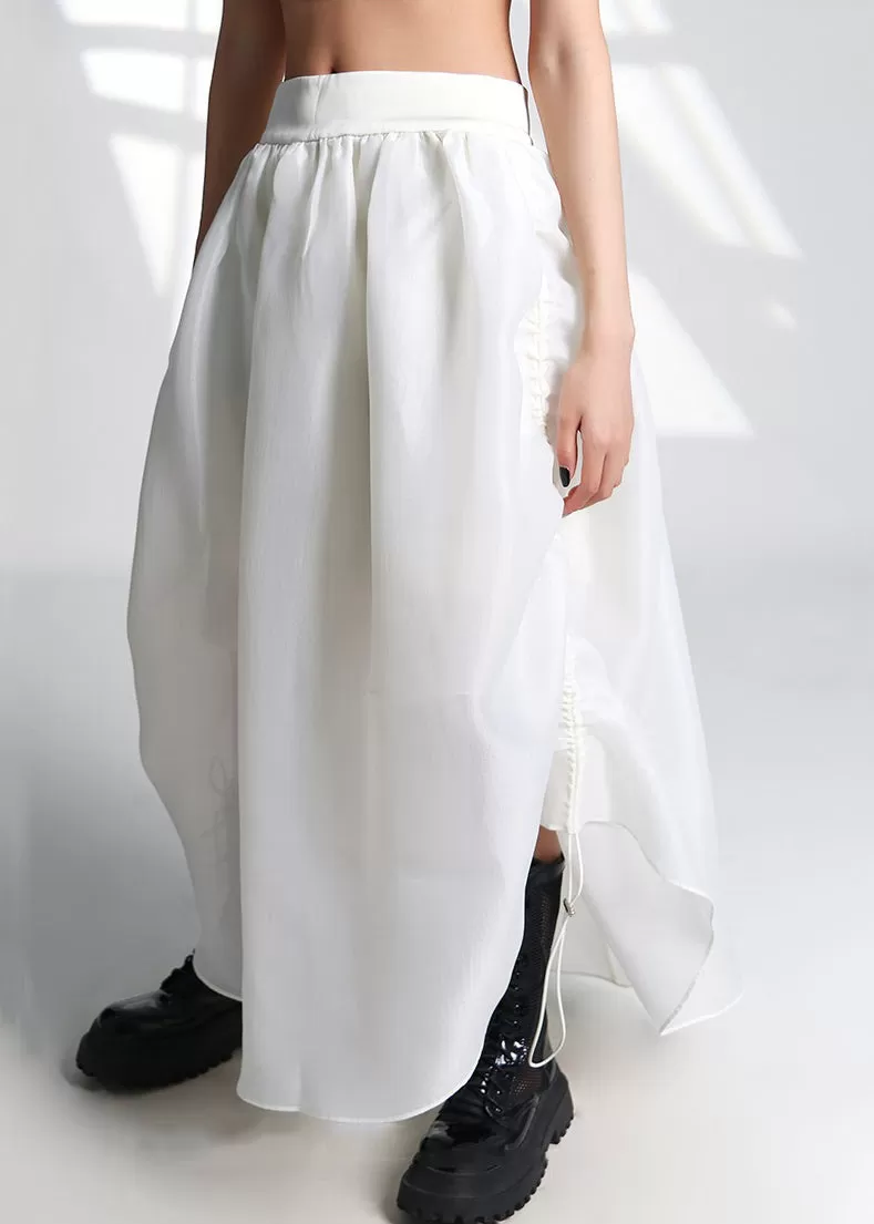 French White Drawstring High Waist Tulle Skirt Summer AS1053